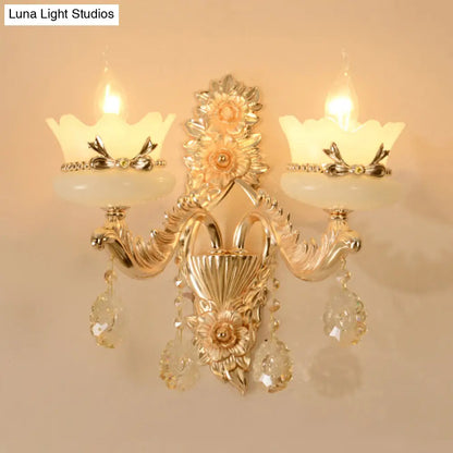 DecorBites™ DecorBites™ Retro Scalloped Frosted Glass Wall Sconce with Brass Carved Arm - 1/2-Light for Living Rooms