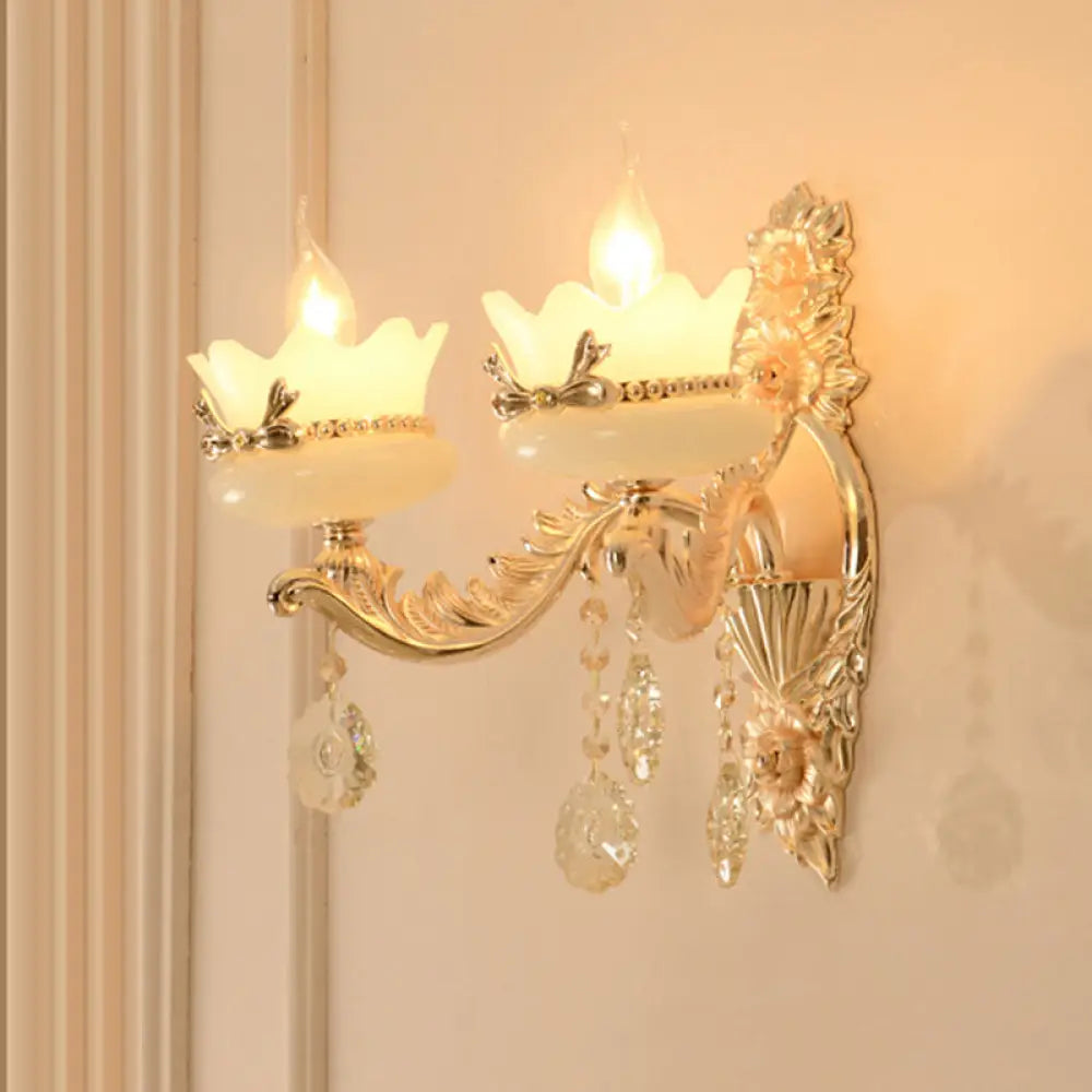 DecorBites™ DecorBites™ Retro Scalloped Frosted Glass Wall Sconce with Brass Carved Arm - 1/2-Light for Living Rooms