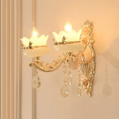 DecorBites™ DecorBites™ Retro Scalloped Frosted Glass Wall Sconce with Brass Carved Arm - 1/2-Light for Living Rooms