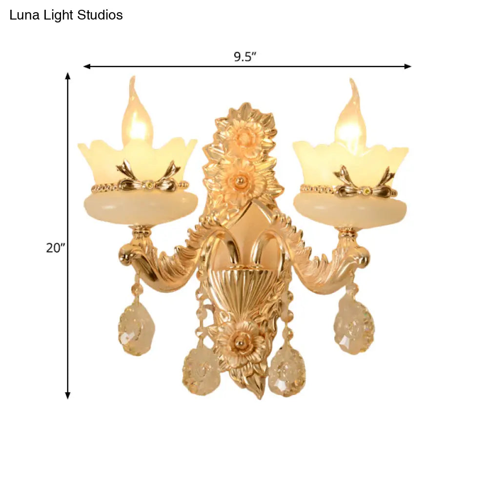 DecorBites™ DecorBites™ Retro Scalloped Frosted Glass Wall Sconce with Brass Carved Arm - 1/2-Light for Living Rooms
