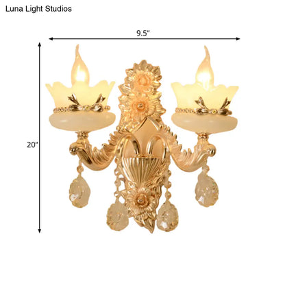 DecorBites™ DecorBites™ Retro Scalloped Frosted Glass Wall Sconce with Brass Carved Arm - 1/2-Light for Living Rooms