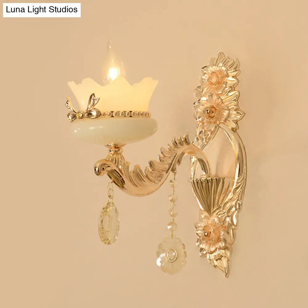 DecorBites™ DecorBites™ Retro Scalloped Frosted Glass Wall Sconce with Brass Carved Arm - 1/2-Light for Living Rooms