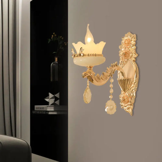 DecorBites™ DecorBites™ Retro Scalloped Frosted Glass Wall Sconce with Brass Carved Arm - 1/2-Light for Living Rooms