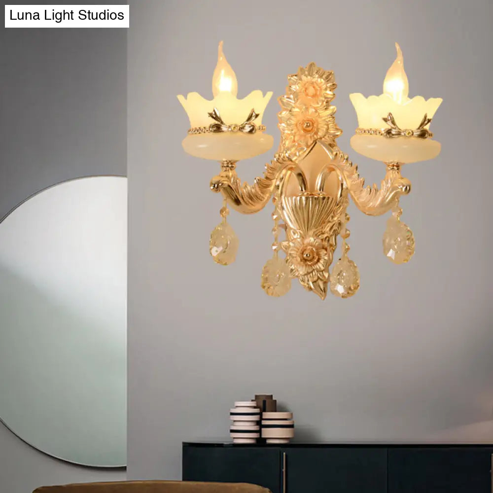 DecorBites™ DecorBites™ Retro Scalloped Frosted Glass Wall Sconce with Brass Carved Arm - 1/2-Light for Living Rooms