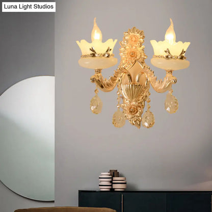 DecorBites™ DecorBites™ Retro Scalloped Frosted Glass Wall Sconce with Brass Carved Arm - 1/2-Light for Living Rooms