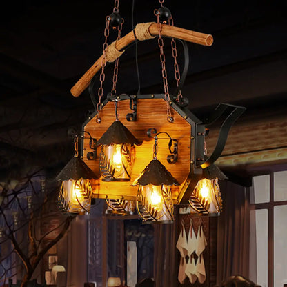 ديكوربايتس™ مصباح جزيرة على شكل سفينة عتيق - وحدة إضاءة معلقة معدنية سوداء للمطاعم - 6 مصابيح - غطاء من القماش الأبيض/زجاج شفاف