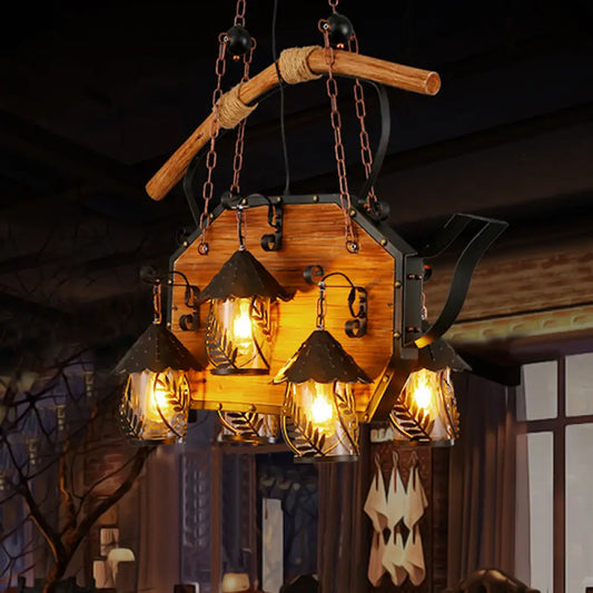 ديكوربايتس™ مصباح جزيرة على شكل سفينة عتيق - وحدة إضاءة معلقة معدنية سوداء للمطاعم - 6 مصابيح - غطاء من القماش الأبيض/زجاج شفاف