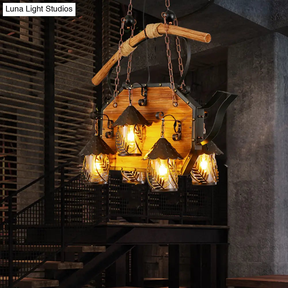 ديكوربايتس™ مصباح جزيرة على شكل سفينة عتيق - وحدة إضاءة معلقة معدنية سوداء للمطاعم - 6 مصابيح - غطاء من القماش الأبيض/زجاج شفاف