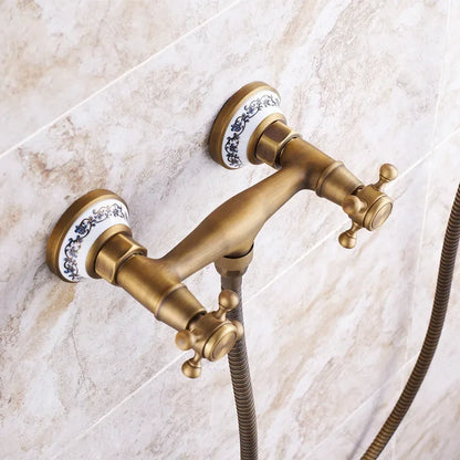 Antique brass finished double-handle shower faucet with blue and white porcelain accents for bathroom wall mount
