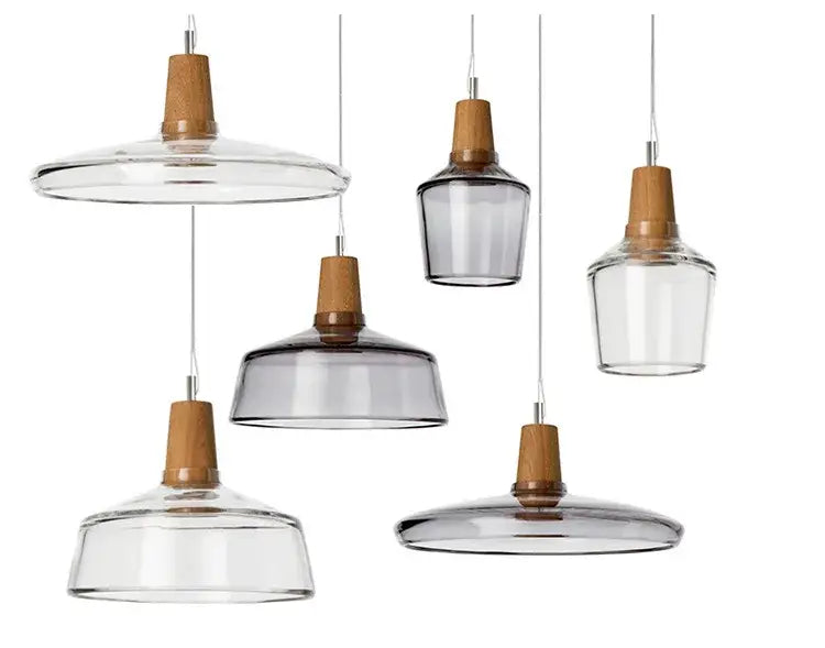 Modern glass pendant light set of 3 with smoked gray glass lampshade and wooden accents by decorbites for kitchen decor