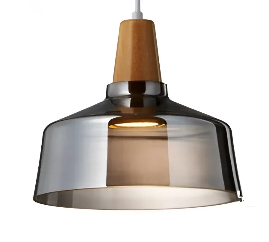 Modern pendant light with a retro smoked glass lampshade, wooden top cap, and chrome accents for kitchen decorbites glass lampshade pendant set of 3