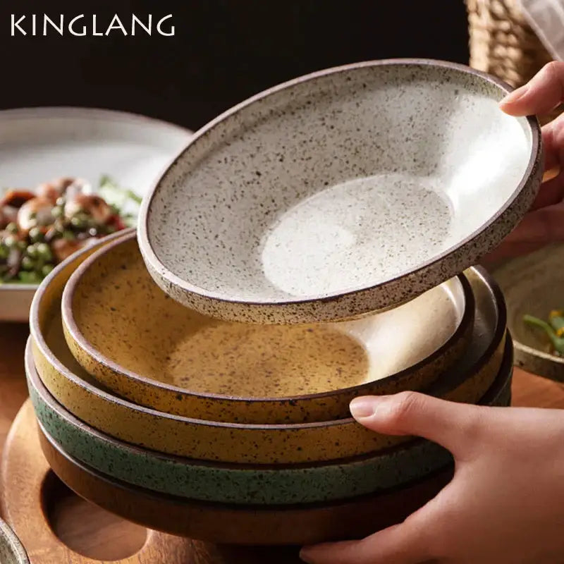 Retro speckled beige ceramic round plate set featuring decorbites ceramic round plate in earthy matte tones