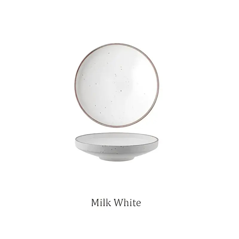 Milk white decorbites ceramic round plate with subtle speckled texture and thin matching rim in round plate set