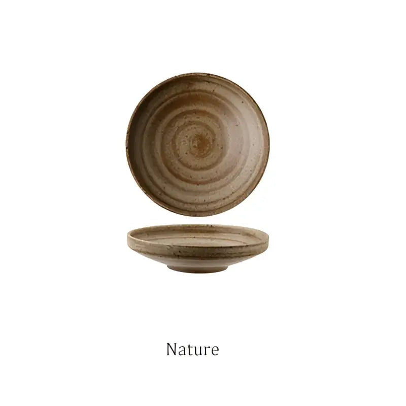 Retro speckled beige decorbites ceramic round plate with concentric ridges in matte earthy brown glaze for dining tableware