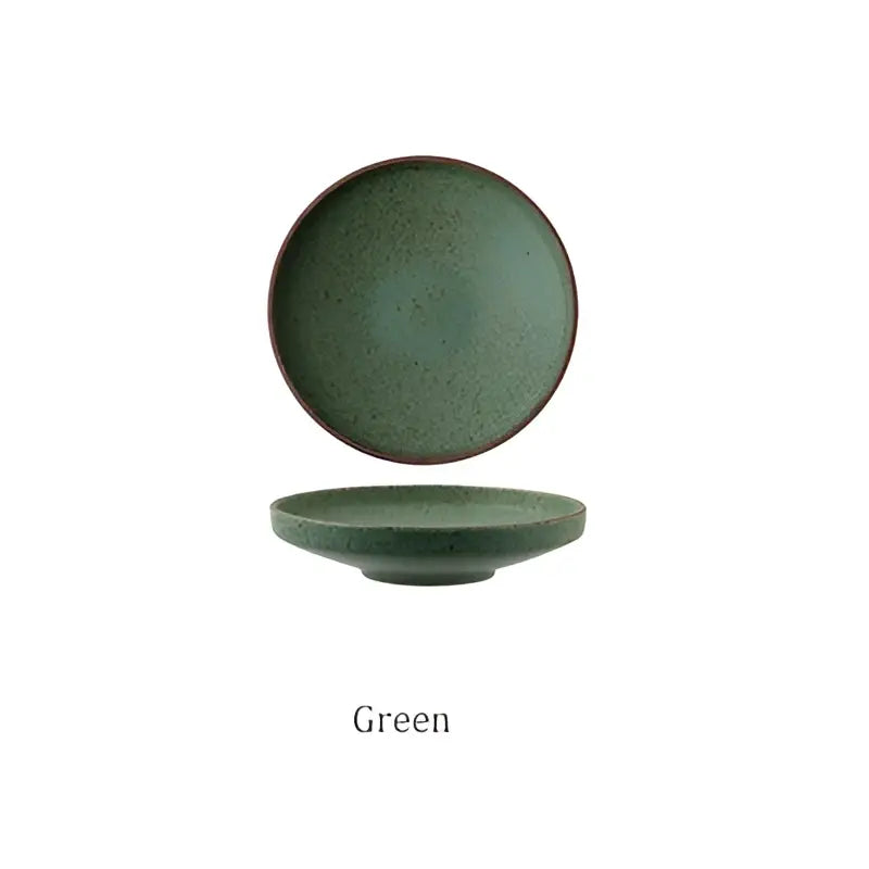 Green ceramic round plate with speckled texture and dark rim from decorbites ceramic round plate set for dining use