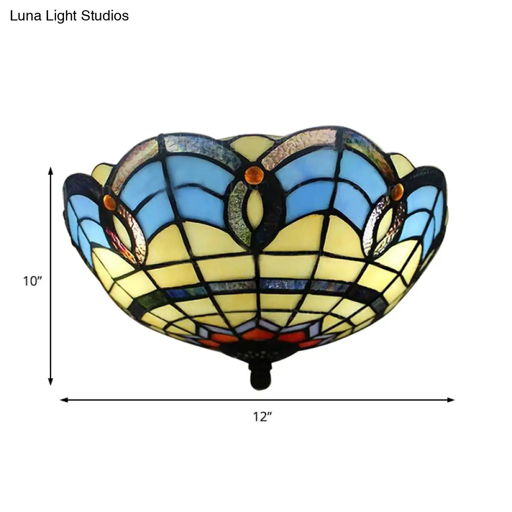 Retro Stained Glass 2-Light Flush Mount for Dining Room - Bowl Shade Flush Light Fixture