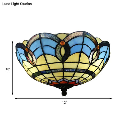 Retro Stained Glass 2-Light Flush Mount for Dining Room - Bowl Shade Flush Light Fixture