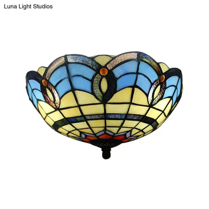 Retro Stained Glass 2-Light Flush Mount for Dining Room - Bowl Shade Flush Light Fixture