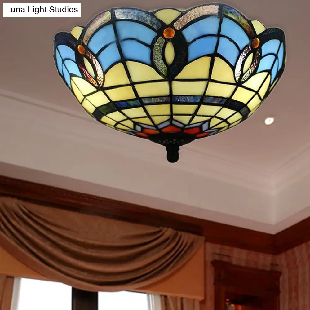 Retro Stained Glass 2-Light Flush Mount for Dining Room - Bowl Shade Flush Light Fixture