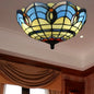 Retro Stained Glass 2-Light Flush Mount for Dining Room - Bowl Shade Flush Light Fixture