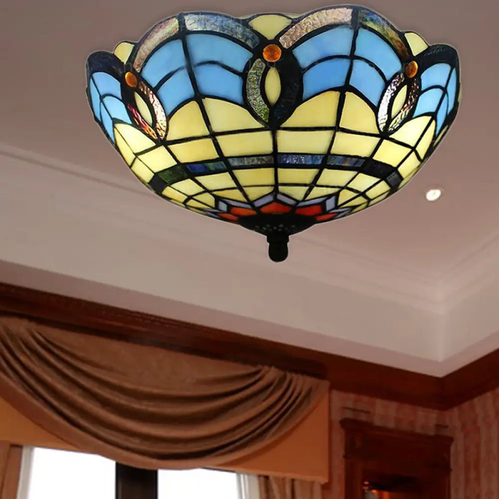 Retro Stained Glass 2-Light Flush Mount for Dining Room - Bowl Shade Flush Light Fixture