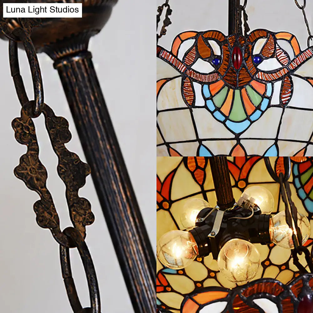 Retro Stained Glass Bowl Ceiling Light with 3 Heads for Bedroom Lighting