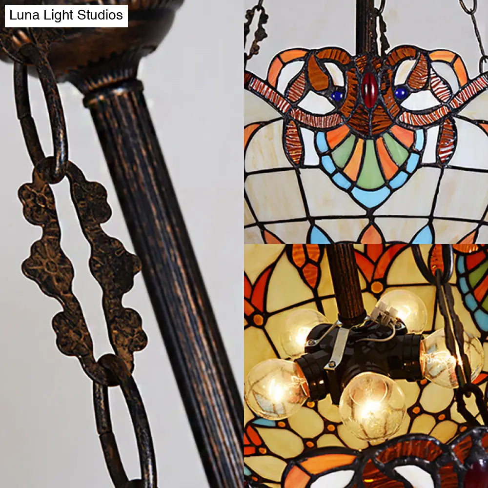 Retro Stained Glass Bowl Ceiling Light with 3 Heads for Bedroom Lighting