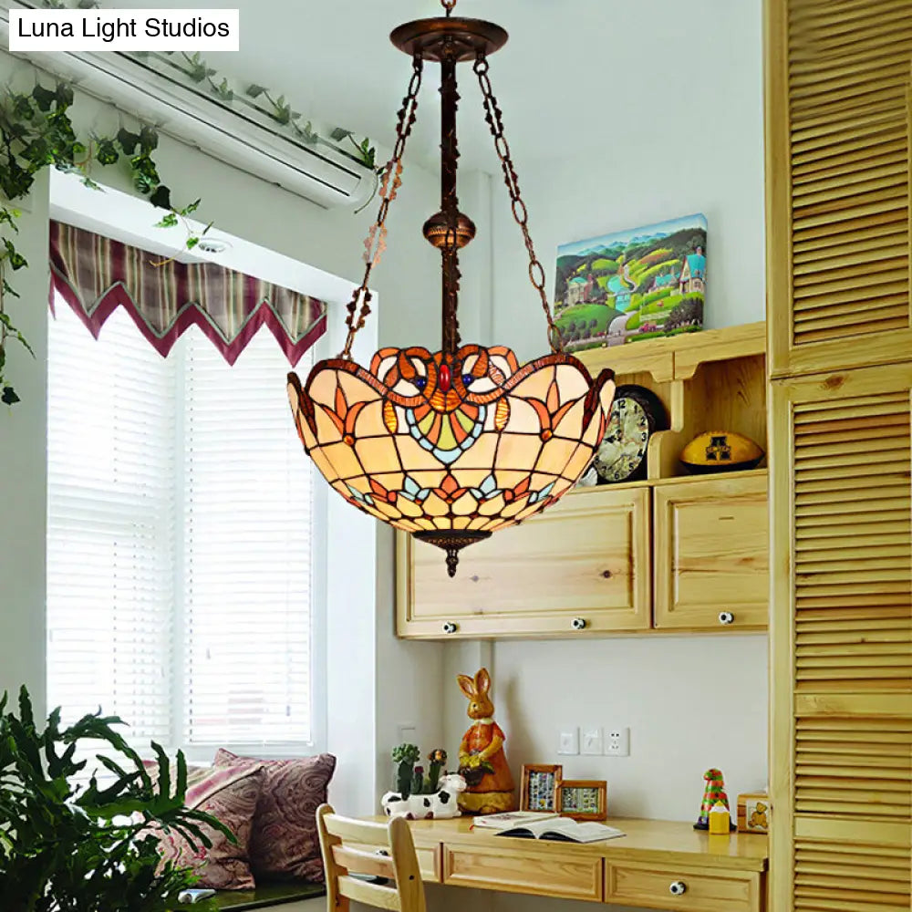 Retro Stained Glass Bowl Ceiling Light with 3 Heads for Bedroom Lighting
