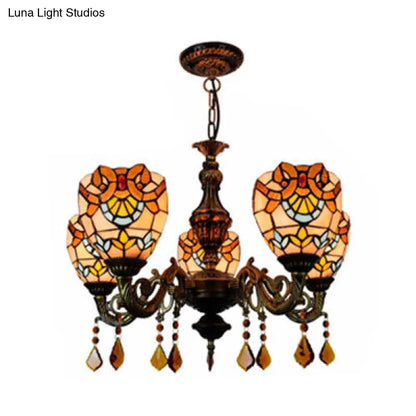 Retro Stained Glass Bowl Chandelier with Crystal Pendant - 5 Lights for Bedroom