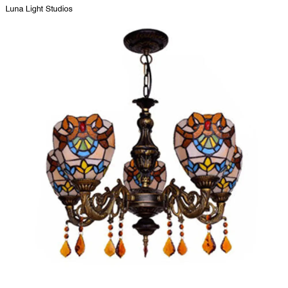 Retro Stained Glass Bowl Chandelier with Crystal Pendant - 5 Lights for Bedroom