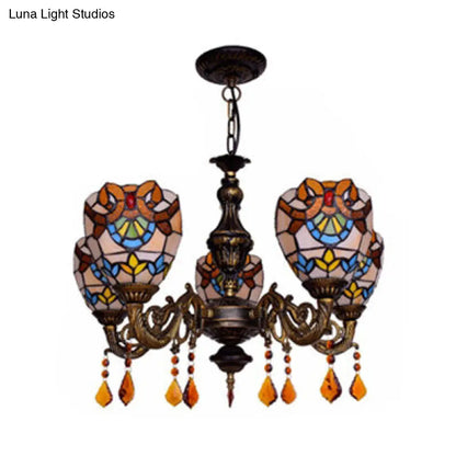Retro Stained Glass Bowl Chandelier with Crystal Pendant - 5 Lights for Bedroom