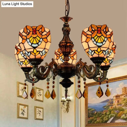 Retro Stained Glass Bowl Chandelier with Crystal Pendant - 5 Lights for Bedroom