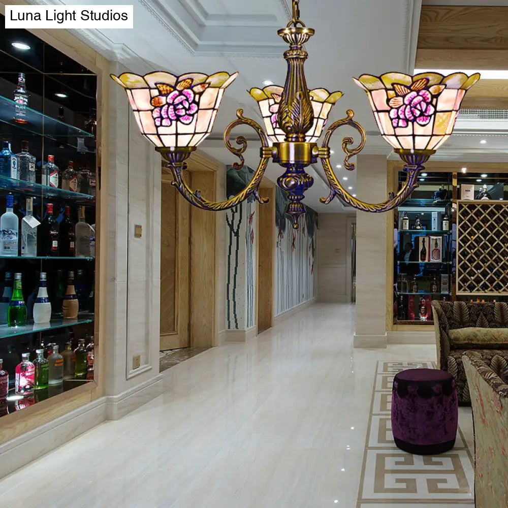 Retro Stained Glass Chandelier - Bell Shaped Hanging Lamp with 3 Flower Heads, Chain Included - Ideal for Bedroom Lighting