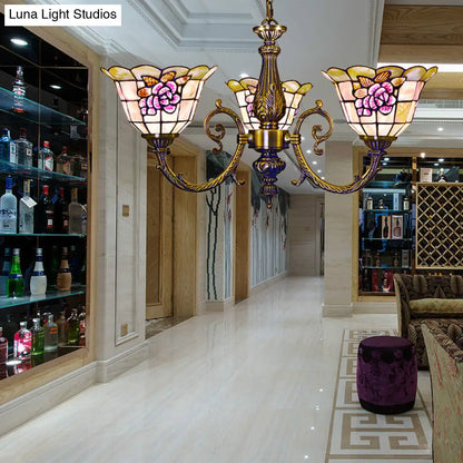 Retro Stained Glass Chandelier - Bell Shaped Hanging Lamp with 3 Flower Heads, Chain Included - Ideal for Bedroom Lighting