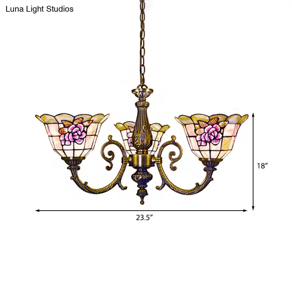 Retro Stained Glass Chandelier - Bell Shaped Hanging Lamp with 3 Flower Heads, Chain Included - Ideal for Bedroom Lighting