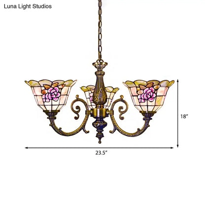 Retro Stained Glass Chandelier - Bell Shaped Hanging Lamp with 3 Flower Heads, Chain Included - Ideal for Bedroom Lighting