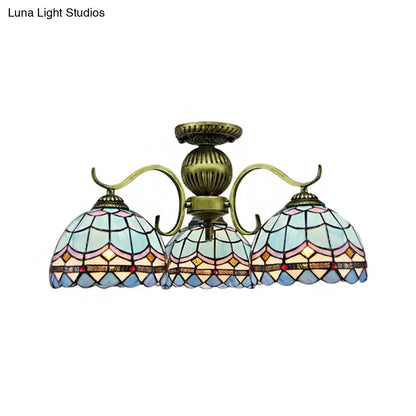 Retro Stained Glass Chandelier in Blue with 3 Lights