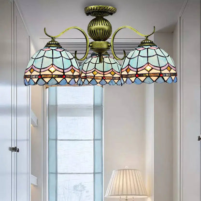 Retro Stained Glass Chandelier in Blue with 3 Lights