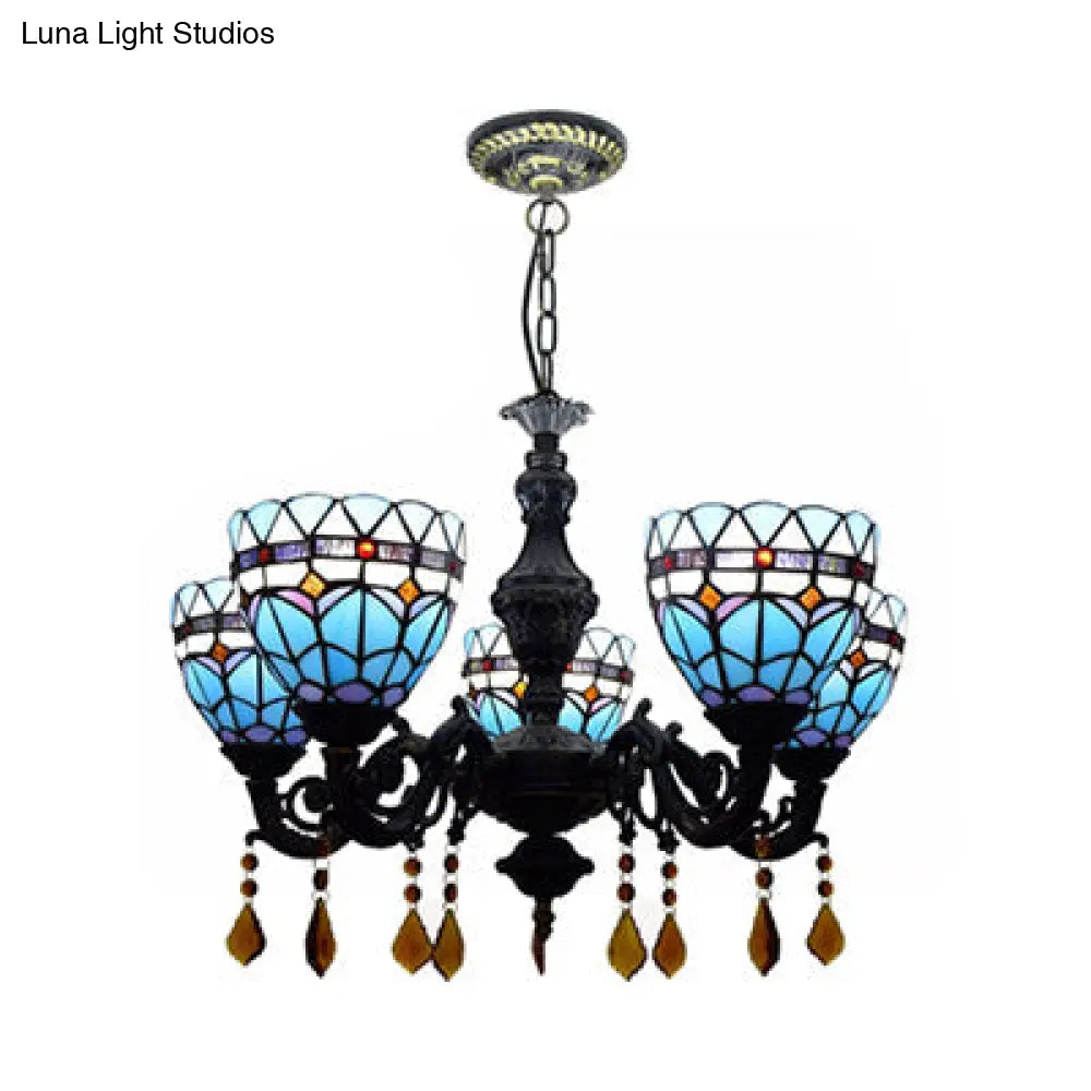 Retro Stained Glass Chandelier Light | Domed Design | 5 Tulip Lights with Crystal Accents in Blue