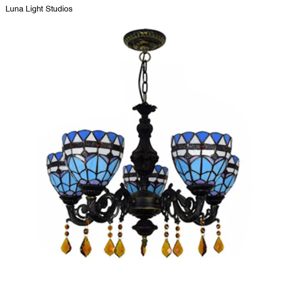 Retro Stained Glass Chandelier Light | Domed Design | 5 Tulip Lights with Crystal Accents in Blue