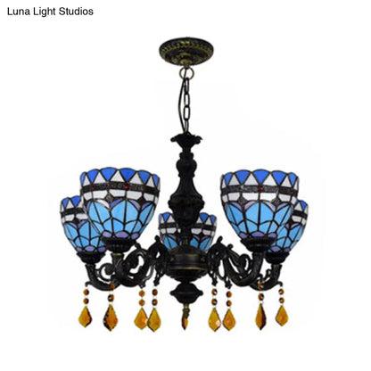 Retro Stained Glass Chandelier Light | Domed Design | 5 Tulip Lights with Crystal Accents in Blue