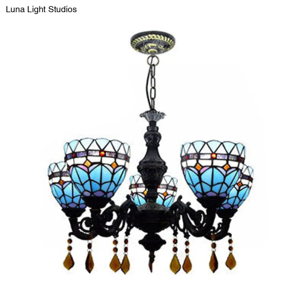 Retro Stained Glass Chandelier Light | Domed Design | 5 Tulip Lights with Crystal Accents in Blue