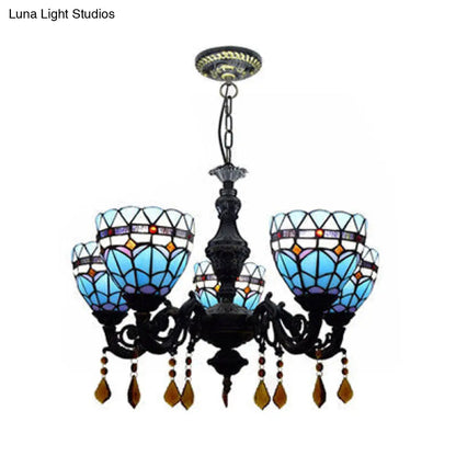 Retro Stained Glass Chandelier Light | Domed Design | 5 Tulip Lights with Crystal Accents in Blue