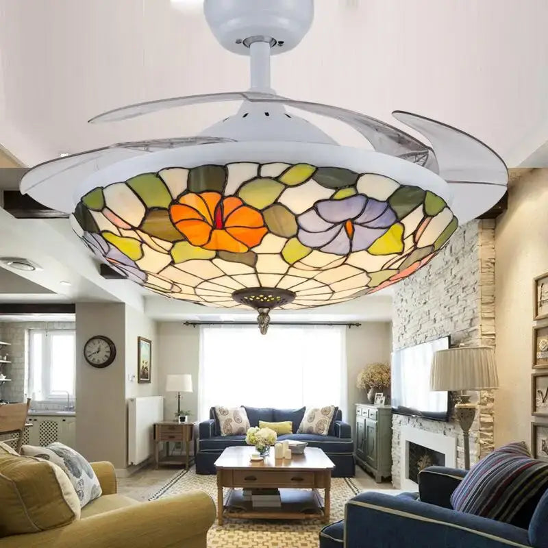 Retro stained glass white ceiling fan with remote control featuring orange purple green floral design for dining room