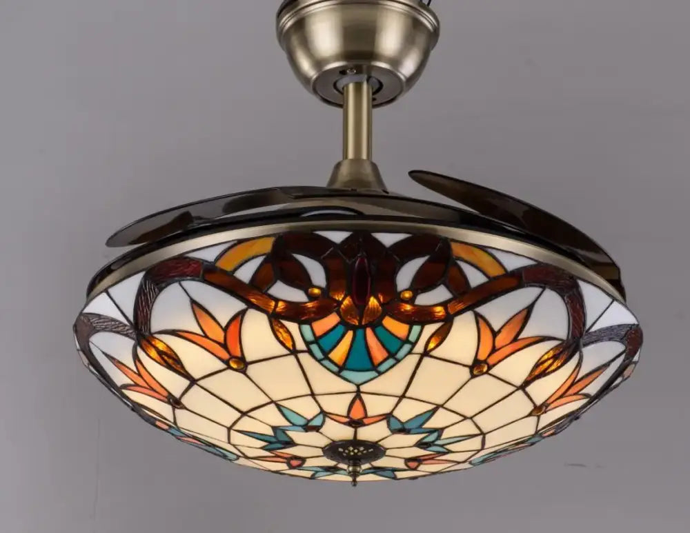 Retro stained glass white 52 inch retro ceiling fan with remote control and amber teal floral lampshade for dining room