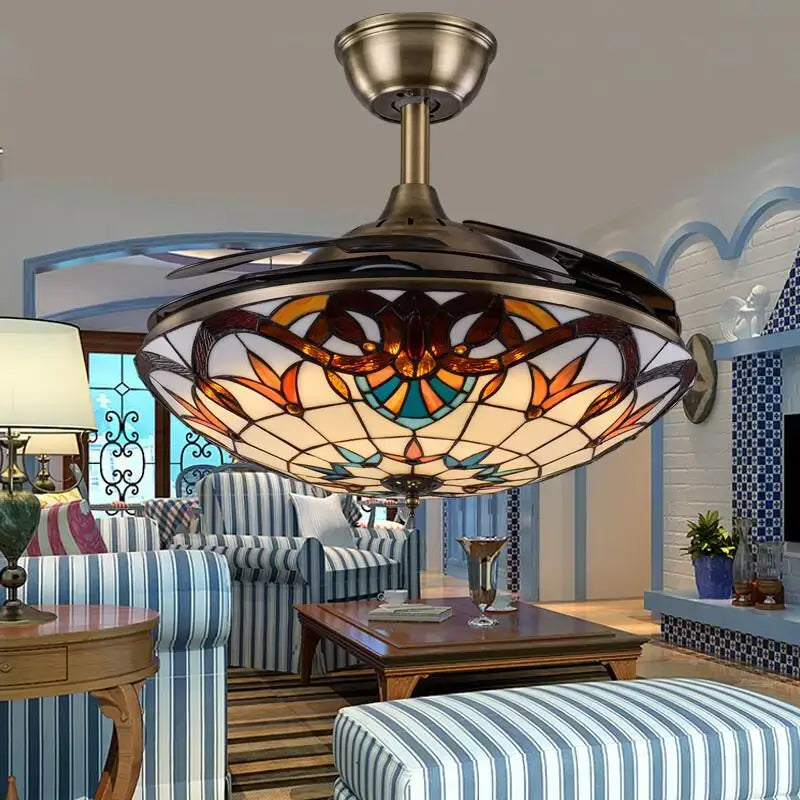 Retro stained glass white ceiling fan with remote control features brass finish and amber teal floral design for dining room
