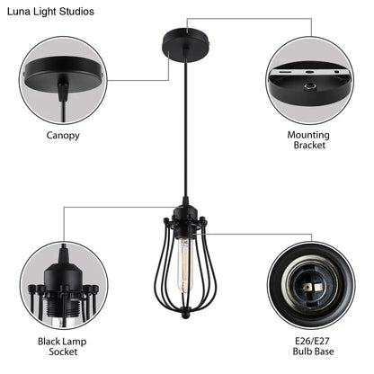 Retro Style 1-Light Pendant Lamp with Metal Cage Shade - Black