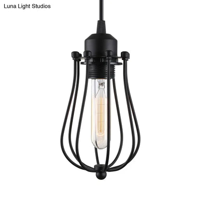 Retro Style 1-Light Pendant Lamp with Metal Cage Shade - Black