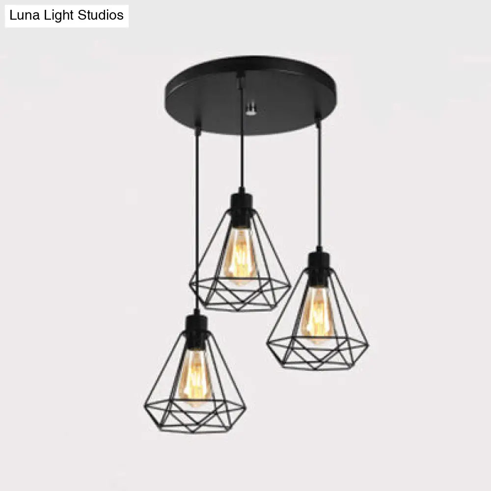 Retro Style 3-Headed Metallic Wire Frame Hanging Lamp with Diamond Shade - Indoor Ceiling Light in Black