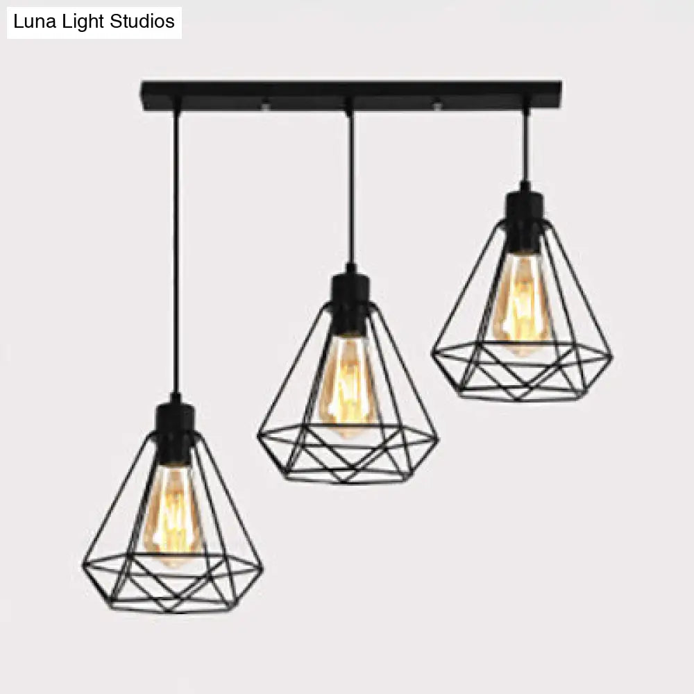 Retro Style 3-Headed Metallic Wire Frame Hanging Lamp with Diamond Shade - Indoor Ceiling Light in Black